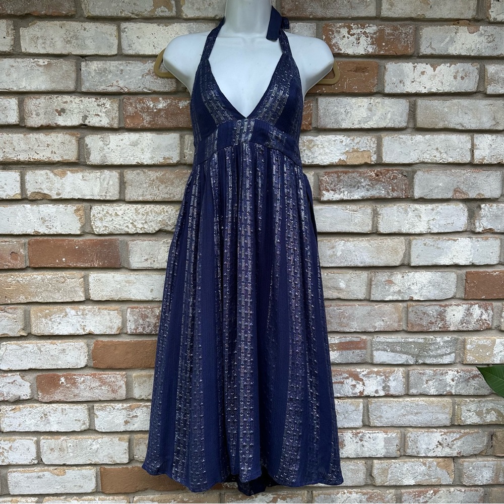 Lulus Silver Tinsel and Navy Halter Dress
